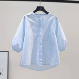 Lantern Sleeve Cotton Shirt Women Loose Design Casual Shirt 2025 Summer Art Light Blue