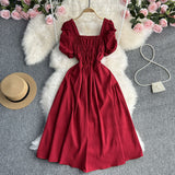 Toloer Vacation Wind French Retro Square Collar Waist Dress Female Summer Design Sense Bubble Short Sleeve Fairy