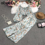 New Summer Fashion All-match Square collar puff sleeve Shirt+high waist wide leg Pant two piece