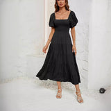 Shooting 2025 Women's Summer Solid Color High Waist Bubble Sleeves To Close Waist Dress