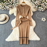 Fragrant High-End Autumn And Winter Round Collar With Thick Knitted Dress With Belts And Hips Skirt