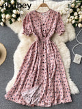 button floral print V Neck Long Dress Summer Party elastic waist dress Women elegant tunic split beach