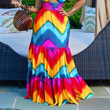 Women Chic All Over Print Spaghetti Straps Hollow Out Ruffle Hem Maxi Sexy Vacation Dress-Outfit