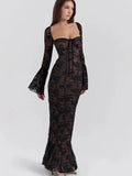 Lace Square Neck Long Flare Sleeve Maxi Dress-Outfit