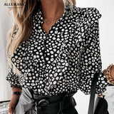 Print Ruffle Blouse Shirt Autumn Winter Long Sleeve Elegant Office Lady V-Neck Button Tops Blusa Women Shirts Casual