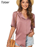 Summer Blue Loose Blouse Women Casual Button Short Sleeve White Shirt Women Notched Office Lady Solid Blouses Tops
