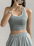 Contrast Trim Cropped Halter Tank Top-Outfit
