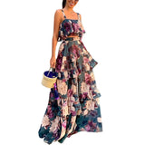 Toloer Spot 2024 Women's Fashion Holiday Wind Strap Top Print Flounce Skirt Two-Piece Set-Outfit