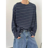 Men's Autumn New Lazy Ins Literature And Art Simple Loose Haired Round-Neck Striped Long-Sleeved T-Shirt Popular