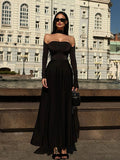 Off-Shoulder Long Sleeve Flare Maxi Dress-Outfit