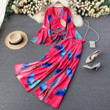 Vacation Beach Two Piece Set Women Sexy V-Neck Bandage Short Tops + High Waist Split Wide Leg Pant Suit Spring