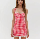Red Plaid Plaid Dot Ruched Mini Dress-Outfit
