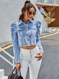 Spring And Autumn Women's Palace Style Fashion Lapel Puff Sleeve Casual Short Denim