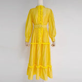 Casual Dress For Women Stand Collar Long Sleeve High Waist Ruffle Trim Solid Midi Dresses Female Spring Clothes