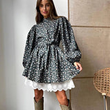 Toloer 2023 Women's French Elegant Bubble Sleeve Floral Dress Women's Standing Collar Waist Long Sleeve A-Line Skirt-Outfit