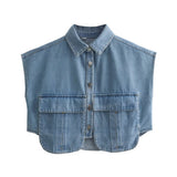 Color Women's Clothing 2025 Spring Solid Color Big Pocket Sleeveless Polo Collared Denim Shirt