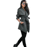 Winter Coat Woman Wool Blend Fashion Lapel Coat Sexy V-Neck Imposing Coat Leather Tie Solid Casual Slim Woman Coat