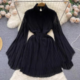 Toloer Of Pleated Horn Sleeve High Collar Dress Female Spring And Summer French Light Luxury Minority Design Sense Of Waist Chiffon