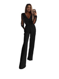 Women's Elegant Fashion Solid Color V-Neck Mesh Splicing High-Waist Pocket