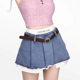 Patchwork No Belt Denim Skirts Y2K Summer High Waist Streetwear Irregular Mini Skirts Female Korean Tassels Jean Skirts-Outfit