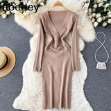 Women Knitted Pencil Dress Korean Long Sleeve V Neck Elastic Slim Dress Autumn Winter Sexy Bodycon Warm Sweater