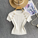 Girls Knit Round Collar T-Shirt Girls Summer Thin Short Thin Design Feeling Fried Street Pure Desire