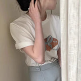 Toloer East Gate Spring Minority Age Reduction Round Collar Tie Bow Print Loose Versatile Short-Sleeved T-Shirt Top-Outfit