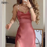 Chain Sling Women Dress High Waist Split Night Satin Sexy Dress Party Robes Casual Club V Neck Elegant Midi Dresses