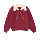 Female Sweater Christmas Red Bow Sweater Pullover Doll Lapel Sweet Loose Lazy Retro New Year Red Women Sweater Top Autumn