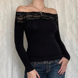 Toloer Hot Girl One Word Shoulder Lace Splicing Long Sleeve T Shirt Female New Slim Solid Color Bottom Top-Outfit