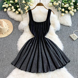 New Temperament Elegant Vertical Stripes To Close The Waist Thin Sling Dress Light Style Knitting Skirt