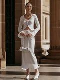 White Knit Crop Cardigan And Midi Skirt Set-Outfit