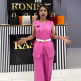 Summer New Solid Color Round Collar Sleeveless Top High Waist Broad Leg Pants Two Sets Of