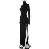 Turtleneck Long Sleeve Draped Slit Maxi Dress-Outfit