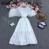 New Summer Women Temperament All-match V-neck puff sleeve Dress waist slim hollow out solid