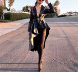 2022 Fashion Autumn Pu Leather Ladies Jacket Coat Coat Lapel Long Sleeve Irregular Belt Hem Ruffled Ladies Jacket
