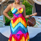 Women Chic All Over Print Spaghetti Straps Hollow Out Ruffle Hem Maxi Sexy Vacation Dress-Outfit