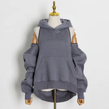 Streetwear Off Shoulder Sweatshirt For Women Hooded Collar Long Sleeve Casual Black Sweatshirts Female Fashion New 1028-1-Outfit