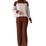 Autumn New Fashion Splicing Color Blouse Loose Wide Leg Trousers Set