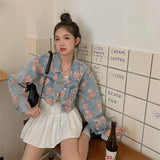 Elegant Rose Printed Women Denim Jackets Long Sleeve Outwear Autumn 2023 Crop Tops Korean Loose Streetwear Coats Chic-Outfit