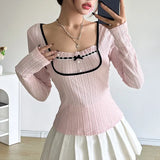 Toloer Sweet Girl Style Splice Color Long-Sleeved T-Shirt Square Collar Pleated Chest Bow Slim Slim Top-Outfit