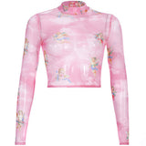 Toloer Women's Cheruel Print Gauze Short Long Sleeve T-Shirt Top Four-Leaf Clover Print