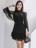 Han Queen 2024 Spring New In Dresses Elegant And Pretty Vintage Black Short Dress Women Simple Chiffon Casual Party Vestidos-Outfit
