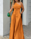 Toloer Women's 2023 Summer Diagonal Collar Irregular Off-Shoulder High-Waist Bag Wide Leg Pants Casual