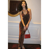 Summer Rose Pattern Glitter Velvet Long Dress Women Y2k Retro V-neck Bandage Halter Sexy Bodycon Maxi Mermaid Evening Dress-Outfit