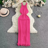 Tweed Dress Solid Color Hanging Neck Hanging Back High Waist Repair Kite Knitted Dress Sexy