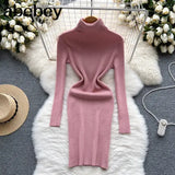 Sheath Women Dress Fashion Turtleneck Long Sleeve A Line Bodycon Dress Female Solid Streetwear Knitted