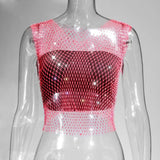 Toloer Nightclub Dresses Fishnet Hollow Out Rhinestone Vest Mesh Flash Diamond Sling Top