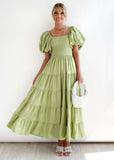 Summer New Bubble Sleeve Holiday Show Skinny Dress Babes High-Waisted Shoulder-Print Dress Dress