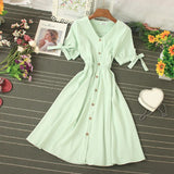 Single Breasted Women Vintage Dress Summer Short Puff Sleeve A-line Vestidos Casual Sexy V-neck Purple/White Dresses